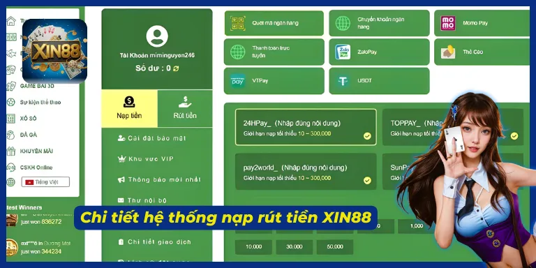 Nạp rút tiền XIN88 hỗ trợ nhiều hình thức